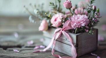 ai genererad en små trä- låda innehar blomma med en rosa band foto