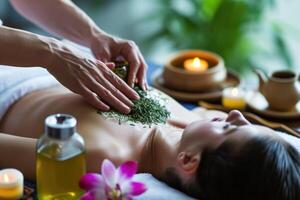 ai genererad en kvinna var få en tillbaka massage med några grön te Produkter foto