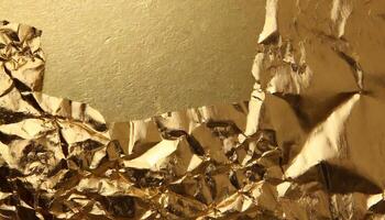 ai genererad guld textur bakgrund folie skrynkliga gyllene, skrynkliga, skinande guld folie textur med en fast guld bakgrund foto