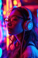 ai genererad en ung kvinna bär färgrik hörlurar i en neon ljus, hyperrealistiskt foto