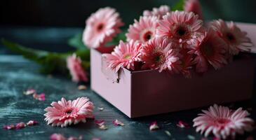 ai genererad ett tömma rosa låda med rosa gerberor på mörk trä- tabell foto