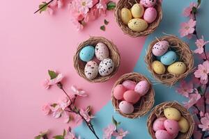 ai genererad påsk ägg i korgar och blommor på en rosa bakgrund foto