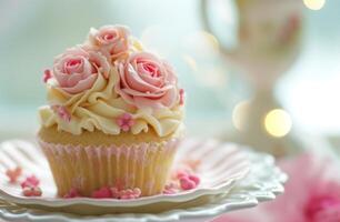 ai genererad söt valentines muffin med rosa ro foto