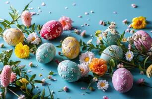 ai genererad påsk ägg i de stil av blommor på en blå yta foto
