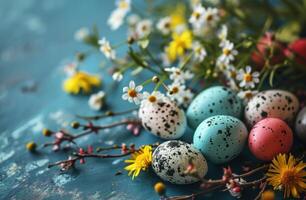 ai genererad påsk ägg i de stil av blommor på en blå yta foto