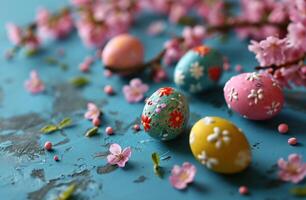 ai genererad påsk ägg i de stil av blommor på en blå yta foto