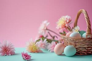 ai genererad påsk ägg i korgar och blommor på en rosa bakgrund foto