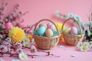 ai genererad påsk ägg i korgar och blommor på en rosa bakgrund foto