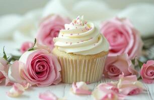 ai genererad små muffin omgiven förbi rosa ro och vit glasyr foto