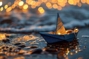 ai genererad papper båt med papper segla på de strand på solnedgång foto
