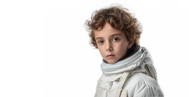 ai genererad barn pojke i en space tycka om de kosmonaut isolerat på vit bakgrund, konceptuell av fantasi och dröm karriär, generativ ai foto