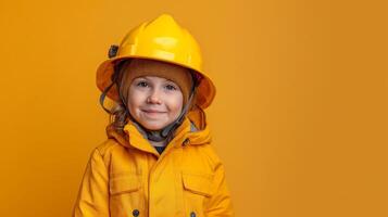 ai genererad liten flicka bär brandman utrusta tycka om de brandman isolerat på orange baner bakgrund, konceptuell av fantasi och dröm karriär, generativ ai foto