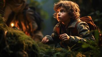 ai genererad ung barn pojke vandring i i en mörk skog, generativ ai foto
