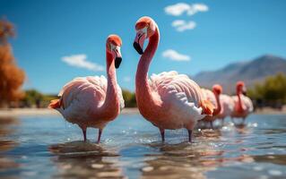 rosa elegans flamingo sammankomst i en kust fristad foto