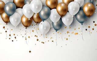 glamorös fest vit bakgrund med silver- och guld ballonger foto