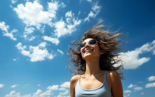lugn blå himmel bakgrund med clouds och kvinna foto