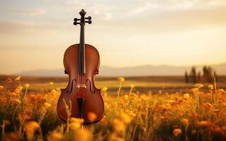 harmoni av ensamhet cello serenad i de gyllene solnedgång fält foto
