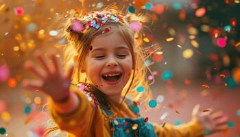 ai genererad Foto av ung flicka skrattande och kasta konfetti