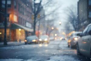 ai genererad amerikan stad gata se på snöig vinter- morgon, neuralt nätverk genererad bild foto