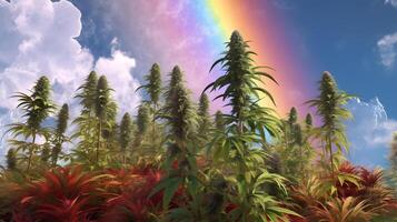 ai genererad en marijuana växter med en regnbåge i de himmel Bakom Det, neuralt nätverk genererad bild foto