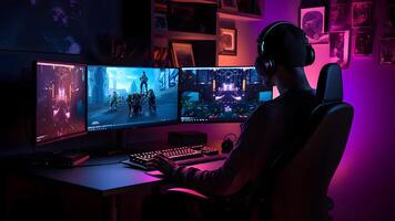 ai genererad en mång övervaka gaming uppstart med en högpresterande gaming dator med rgb belysning, en gamer sittande på ett ergonomisk stol och använder sig av en gaming mus och tangentbord foto