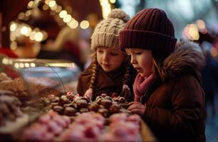 ai genererad två barn ser på hemlagad snacks på de jul marknadsföra foto