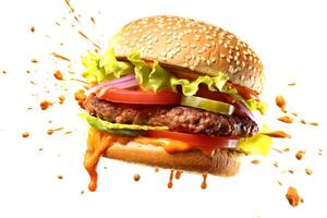 ai genererad hamburgare flygande på vit bakgrund, neuralt nätverk genererad fotorealistisk bild foto