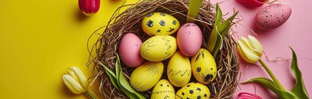 ai genererad färgrik påsk ägg och färgrik tulpaner i påsk bo på gul foto