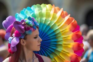 ai genererad vuxen caucasian kvinna med färgrik regnbåge fläkt under Gay stolthet parad i europeisk stad på dagtid, neuralt nätverk genererad fotorealistisk bild foto