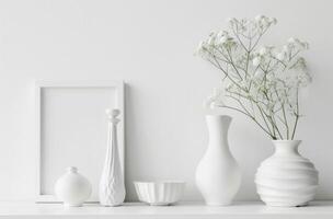 ai genererad vit papper mall och bilder av vit apsara blommor på en vit tabell foto