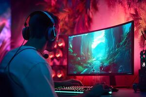 ai genererad ung caucasian gamer med headsetet spelar video spel med skrivbordet dator belyst med mättad neon lampor, neuralt nätverk genererad fotorealistisk bild foto