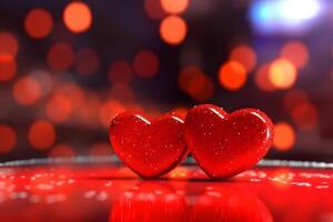 ai genererad helgon valentine dag hälsning kort bakgrund med två röd hjärtan mot festlig bokeh, neuralt nätverk genererad fotorealistisk bild foto
