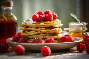 ai genererad underbar utsökt pannkakor med honung och hallon under dagsljus i nordic stil, neuralt nätverk genererad fotorealistisk bild foto