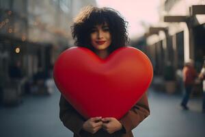 ai genererad kvinna innehav stor röd hjärta, neuralt nätverk genererad fotorealistisk bild foto