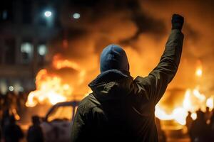 ai genererad gata upplopp i stad med demonstranter och brinnande bilar, neuralt nätverk genererad fotorealistisk bild foto