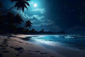 ai genererad tropisk paradis strand på full måne natt, neuralt nätverk genererad fotorealistisk bild foto