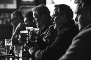 ai genererad män dricka öl tillsammans i en pub foto