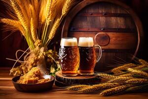 ai genererad oktoberfest öl glasögon full av öl och öl tunna med vete på trä- tabell, neuralt nätverk genererad fotorealistisk bild foto