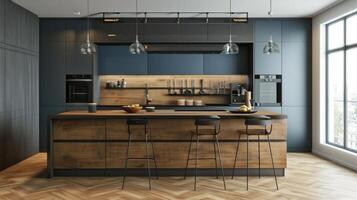 ai genererad modern kök med trä- golv och trä- skåp foto