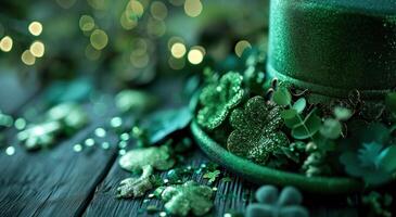 ai genererad grön vitklöver hatt och glittrande grön Tillbehör foto