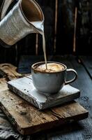 ai genererad en kaffe råna på en vit trä- styrelse med mjölk varelse hällde på den foto