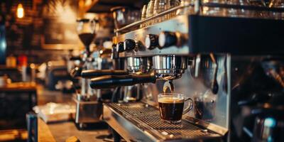 ai genererad en Kafé är använder sig av kaffe maskiner till göra kaffe foto