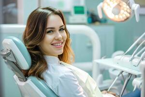 ai genererad en leende kvinna är Sammanträde ner på en tandläkarens stol, foto