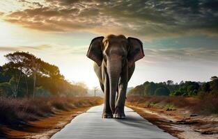 ai genererad en ung elefant gående ner de väg bredvid en naturskön solnedgång foto