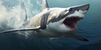 ai genererad en bra vit haj med dess tänder öppen haj konst foto