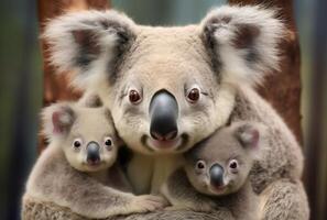ai genererad ett bild av koalor på de axlar av deras mor foto