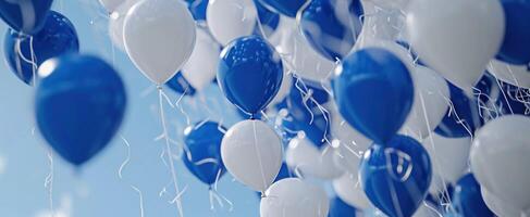 ai genererad blå och vit ballonger är flygande i de luft, foto