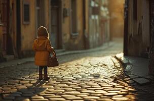 ai genererad en liten flicka innehav ett kuvert innehav den på de gata foto