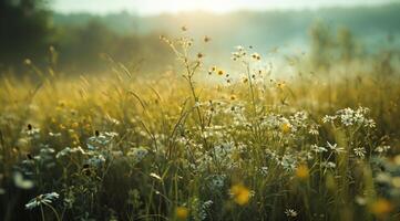 ai genererad en grön och blommig fält med solljus i de bakgrund foto