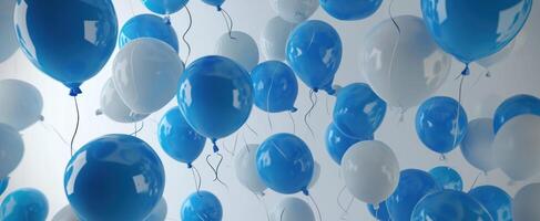 ai genererad blå och vit färgrik ballonger flyga på en vit bakgrund foto